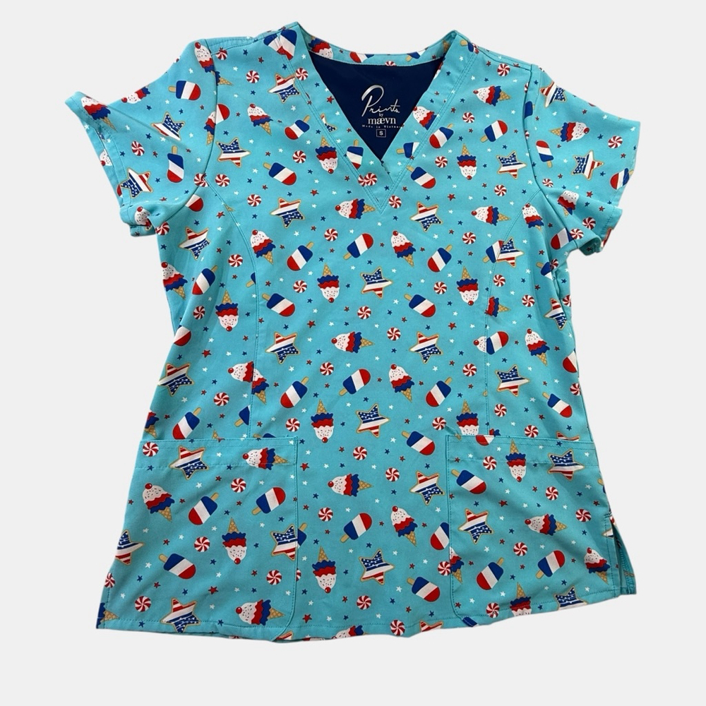 Maevn Scrub Top Small Patriotic Ice Cream Stars Red White Blue V-Neck Nurse Shir